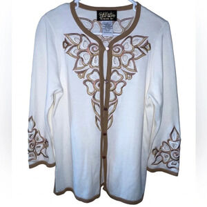 Bob Mackie Wearable Art Cut Out Cardigan Sweater White Embroidered Size XS